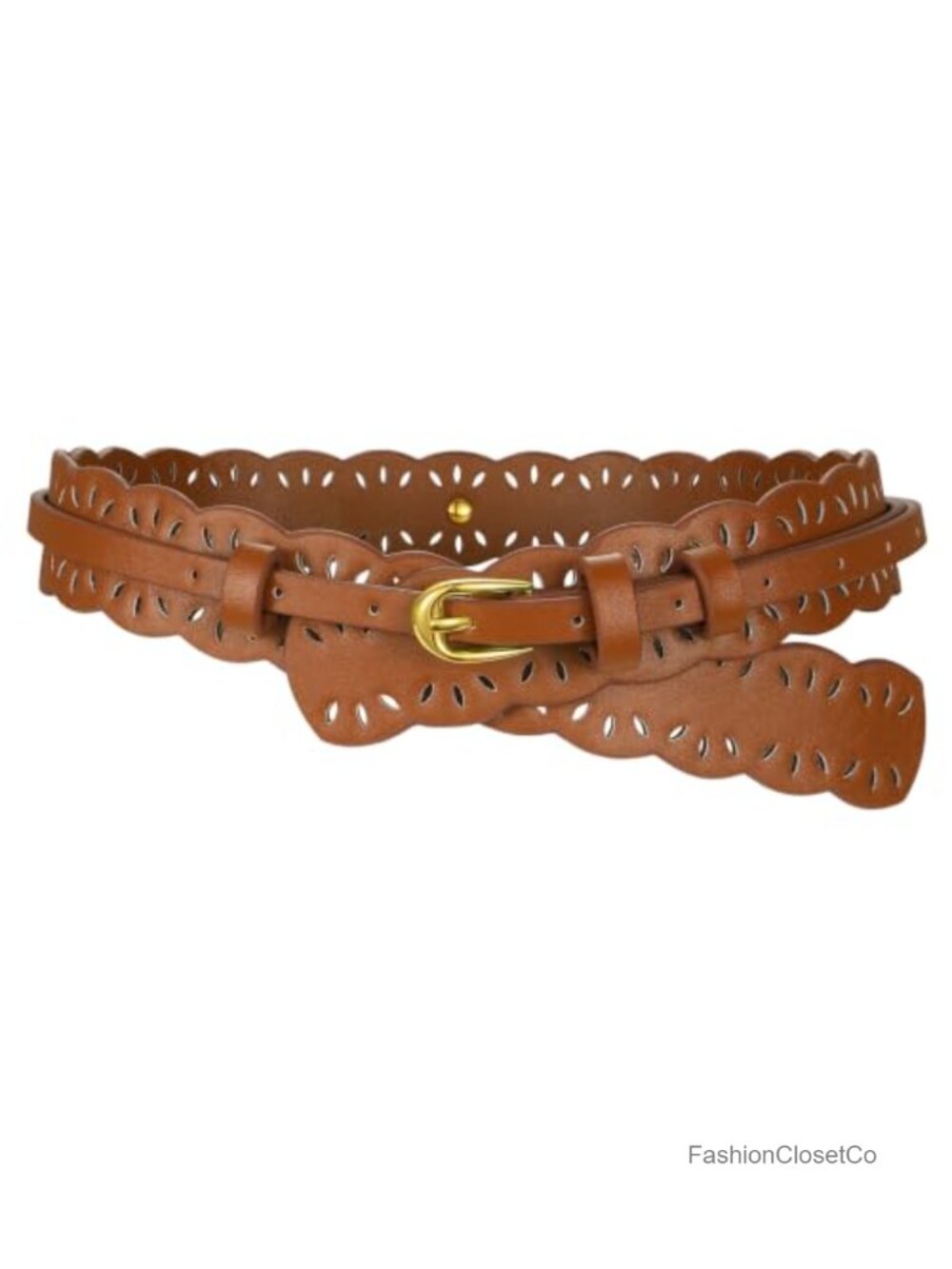Wide PU Leather Belt Detachable 2-in-1 Hollow Flower Waist Belt Gold Buckle